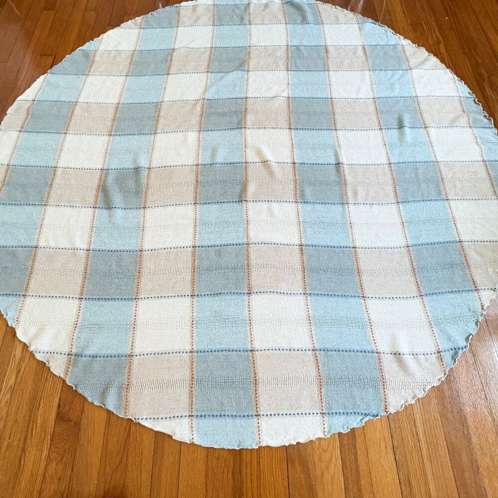 Vintage Blue Cream Plaid Round Tablecloth 64 Inch